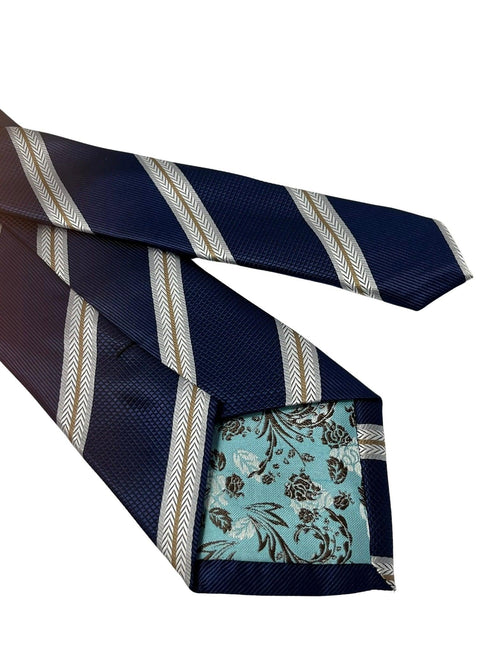 Navy dark blue tie with  bronze and white stripe